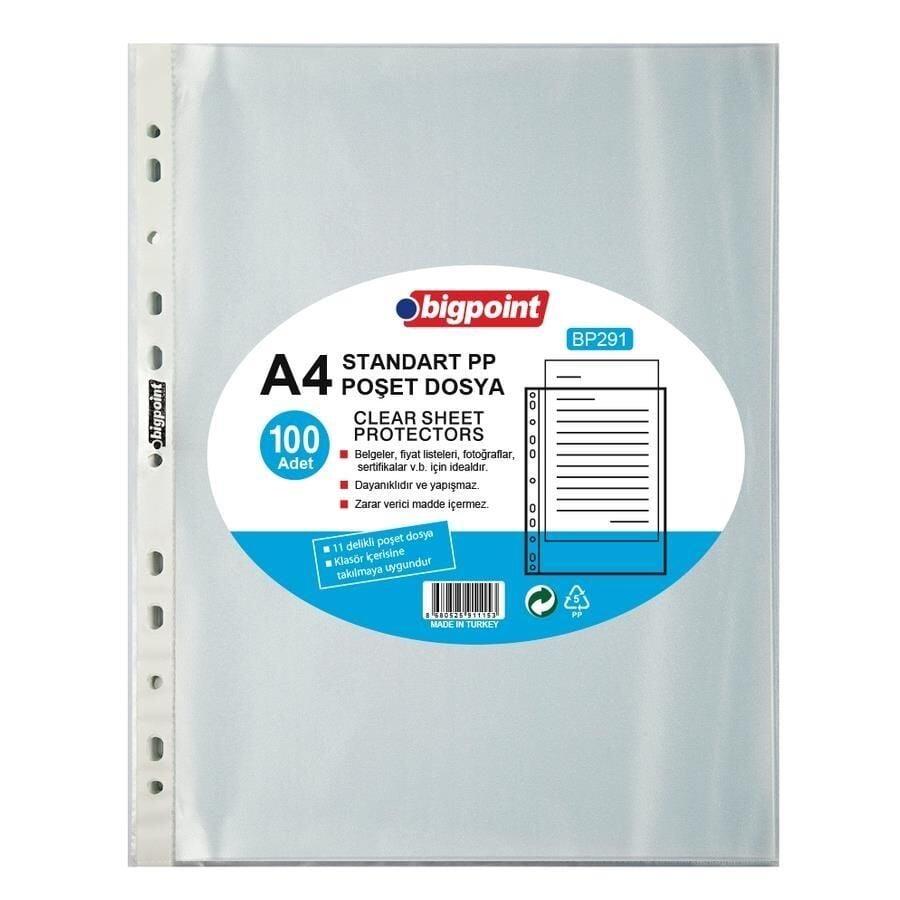 Bigpoint BP291 Föy Dosya Standart 40 Mikron A4 Şeffaf 100'lü Paket Poşet Dosya
