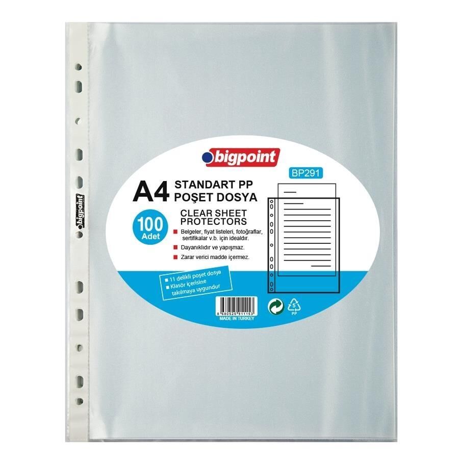 Bigpoint BP291 Föy Dosya Standart 40 Mikron A4 Şeffaf 100'lü Paket Poşet Dosya