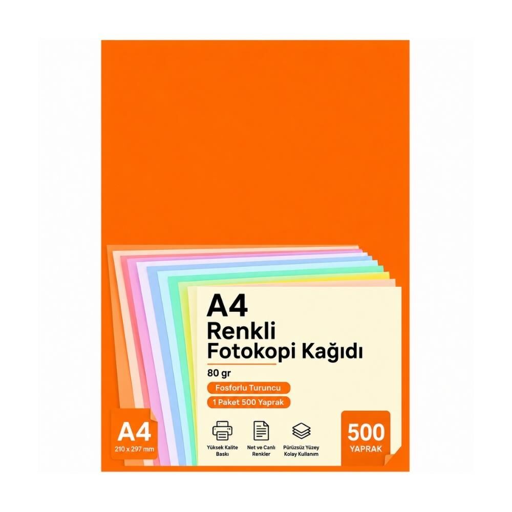 Elitstore A4 Renkli Fotokopi Kağıdı 80 gr 1 Paket 500 Yaprak - Fosforlu Turuncu