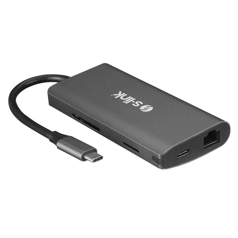 S-Link SW-U5205 Gri Metal 7 in 1 Type C Hub Adaptör 3 port USB 3.0, PD Şarj, HDMI, Gigabit Ethernet, SD,TF