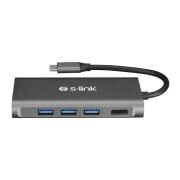 S-Link SW-U5205 Gri Metal 7 in 1 Type C Hub Adaptör 3 port USB 3.0, PD Şarj, HDMI, Gigabit Ethernet, SD,TF