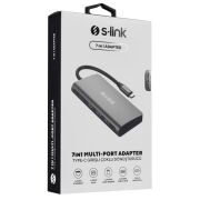 S-Link SW-U5205 Gri Metal 7 in 1 Type C Hub Adaptör 3 port USB 3.0, PD Şarj, HDMI, Gigabit Ethernet, SD,TF