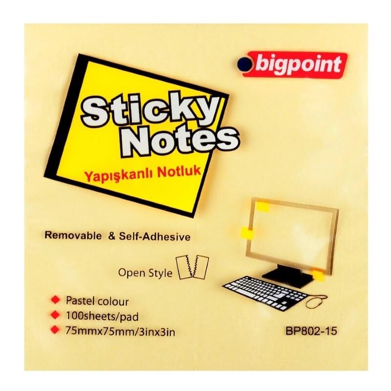 Bigpoint BP802-15 Yapışkanlı Not Kağıdı 75x75mm Sarı, 100lü