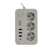 FLY Akım Korumalı Priz 3'lü, Anahtarlı, 2 Metre, 3 USB 2.1A Şarj Çıkışı - FLY-3406-01