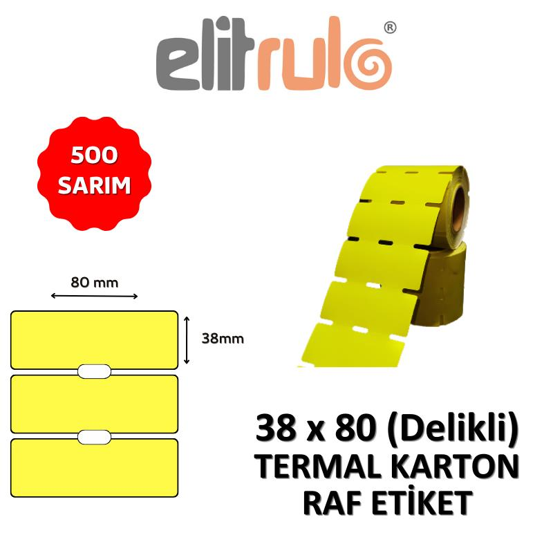 Elitrulo Termal Karton Raf Etiketi 38x80mm DELİKLİ SARI - 500 Adet